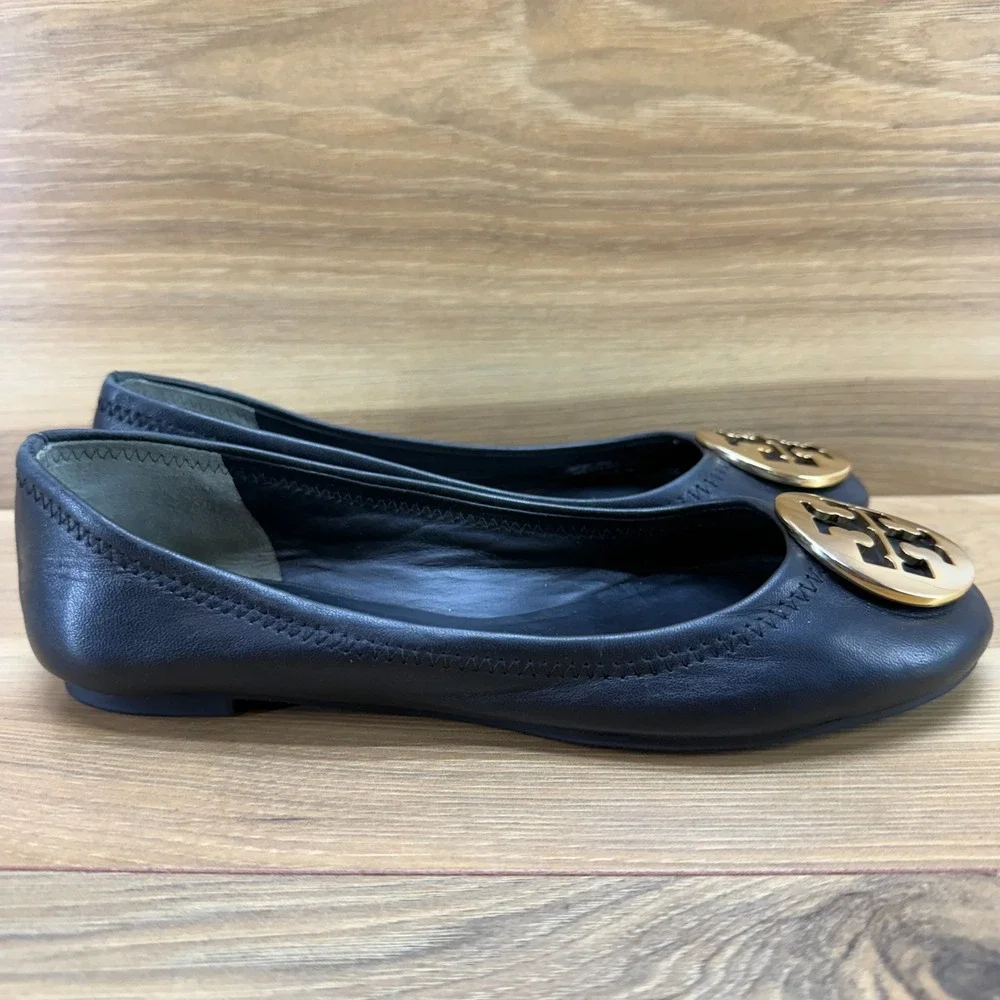 Tory Burch Reva Flats Black Soft 6.5 M Soft Leather Gold Logo Modern Office Walk